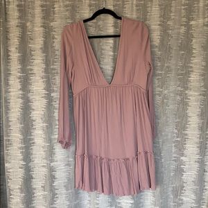 Mauve Long Sleeve Deep V Front and Back Dress